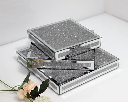 GIMORRTO Mirror Display Riser 3 PC, Glam Accent Table Display Platform for Decorative Pieces, Mirrored Showpeice 3 set, Food Beffer Displayer (Sparkling 3PC)