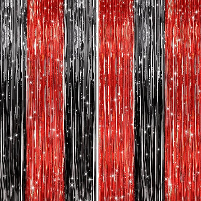 2 Pack Black and Red Foil Fringe Curtains Party Decorations, Tinsel Curtain Backdrop Streamers for Birthday Graduation Fiesta Stranger Theme Halloween Christmas Party Decors Supplies Door Streamers
