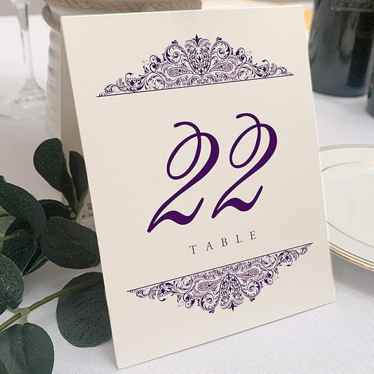 Paisley Wedding Table Numbers (Select Color/Quantity), Champagne, Eggplant, 1-125, Double Sided, Tent or Use in a Stand, Great for Parties & Restaurants - Made in the USA