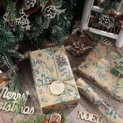 RUSPEPA Kraft Christmas Wrapping Paper Roll, Mini Roll, Watercolor Pinecone and Eucalyptus Leaf Design, Kraft Gift Wrap for Christmas, Winter Holiday Party, Rustic Natural Theme, 17 Inches x 16.4 Feet