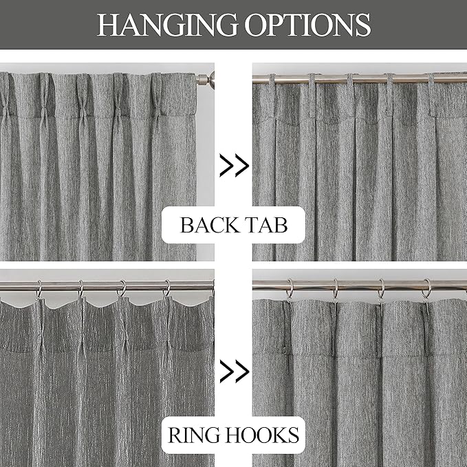 Vision Home Gray Pinch Pleated Semi Sheer Curtains Textured Light Filtering Window Curtains 90 inch for Living Room Bedroom Rayon Blended Charcoal Grey Pinch Pleat Drapes with Hooks 2 Panels 40"Wx90"L
