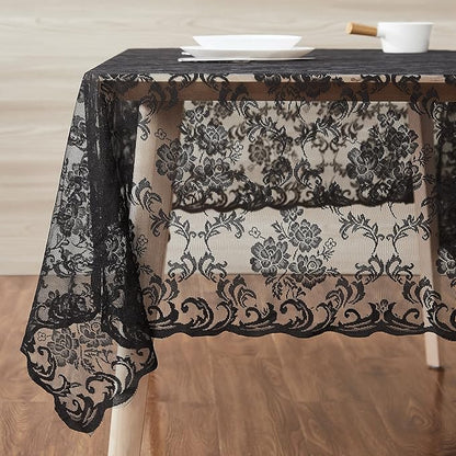 LinenZone Black Rectangle Tablecloth for Rustic Vintage Decor. Sheer Lace Tablecloth Works Great As Wedding Table Cloth or Christmas Table Cover (Mia TC 60 x 144, Black)