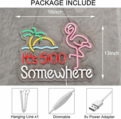Flamingo Its 5 00 O'clock Somewhere Neon Sign for Wall Décor Dimmable LED Bar Beer Neon Light USB Powered Neon Art Signs