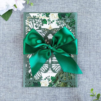 20 PCS 5.12x7.2 Butterfly Personalized Quinceanera Invitation, Customized XV Anos Laser Cut Invitation Cards with Envelopes (Emerald Green Personalized)
