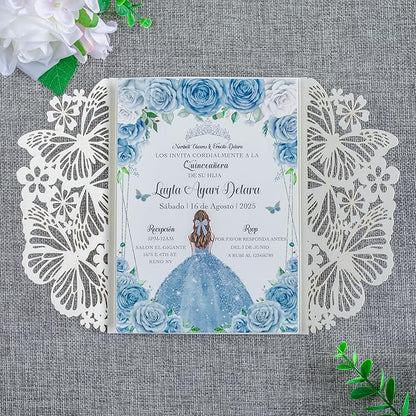 20 PCS 5.12x7.2 Butterfly Quinceanera Invitation, Laser Cut Wedding Invitation Cards with Envelopes for XV Anos Bridal Shower Baby Shower Invite (Silver Glitter)