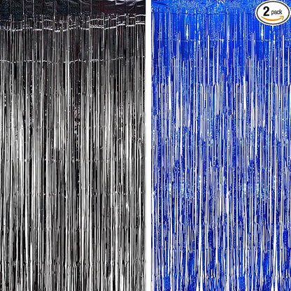 Foil Fringe Curtain Party Decorations - Black Blue Metallic Tinsel Photo Booth Backdrop Party Steamers Curtains for Birthdays Christmas New Years Homecoming Decoration
