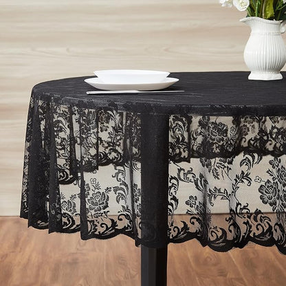 LinenZone Black Oval Tablecloth for Rustic Vintage Decor. Sheer Lace Tablecloth Works Great As Wedding Tablecloth, Thanksgiving Tablecloth or Christmas Tablecloth (Mia Oval 104, Black)