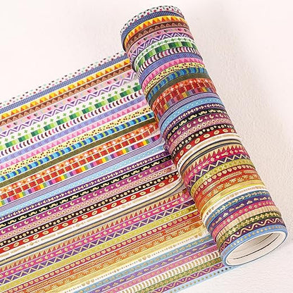 emmoolife 50 Rolls Skinny Washi Tape Set 3mm Wide, Gold Foil Print Masking Thin Basic Patterns Decorative Tapes for Scrapbooking, Junk Journal Supplies, Bullet Journaling, Craft Tape for Women Girl