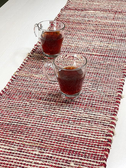 Chardin home Natural Jute Table Runner 13x72 Inch – Vintage Boho Rustic Table Decor – Handwoven Table Runner in Natural Jute and Red – Farmhouse Dining or Console Table Accent