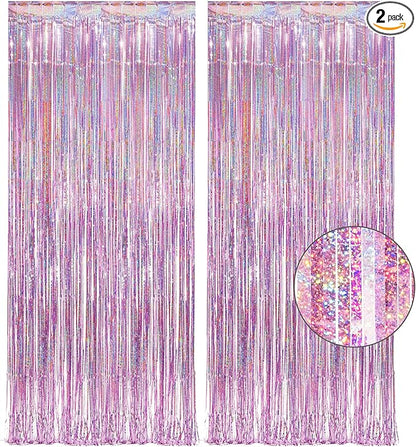 Pink Tinsel Curtain Party Backdrop - GREATRIL Foil Fringe Curtain Lilac Pink Party Streamers for Birthday Girl Princess Bachelorette Euphoria Taylor Themed Party Decorations - 2 Packs