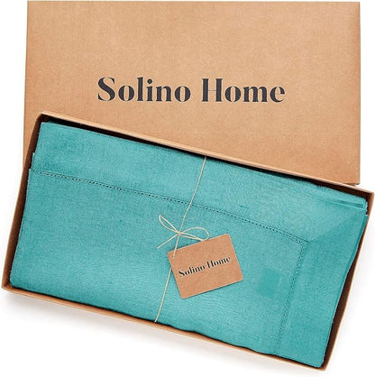 Solino Home Linen Teal Tablecloth 60 x 120 Inch - Classic Hemstitch, 100% Pure Linen Rectangular Tablecloth - Machine Washable Table Cloth for Fall, Autumn, Thanksgiving, Christmas