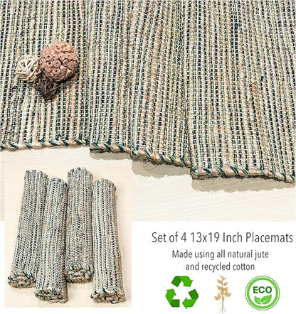 Chardin Home Natural Jute & Green Placemats, Set of 4 – Rustic Handmade Boho Table Mats, 13x19 Inch Dining Table Placemats for Kitchen, Everyday Meals, Holidays, Farmhouse or Modern Table Décor