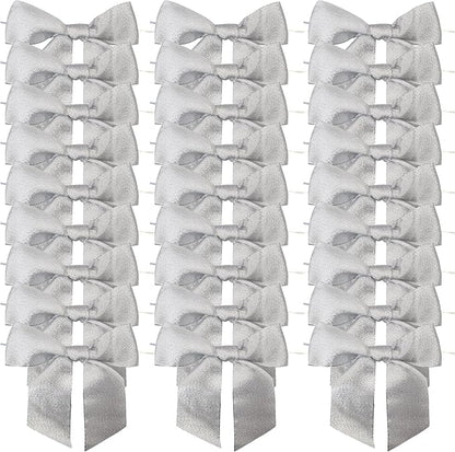 36pcs 4-1/2" Metallic Silver Glitter Ribbon Bows with Twist Ties for Gift Wrapping Packing Christmas Big Bows for Thanks Giving Giant Twist Tie Bows for Holiday Decoration (Silver)