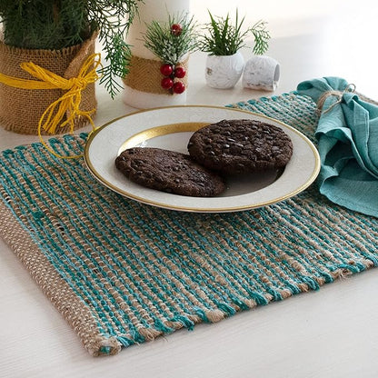 Chardin Home Natural Jute & Aqua Turquoise Placemats, Set of 4 – Rustic Handmade Boho Table Mats, 13x19 in Dining Table Placemats - Kitchen, Everyday Meals, Holidays, Farmhouse or Modern Table Décor