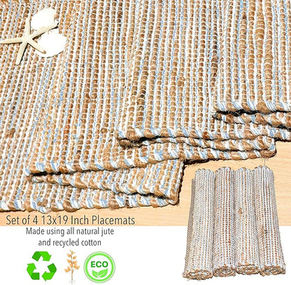 Chardin Home Natural Jute & Sky Blue-White Placemats, Set of 4 – Rustic Handmade Boho Table Mats, 13x19 in Dining Table Placemats - Kitchen, Everyday Meals, Holidays, Farmhouse or Modern Table Décor