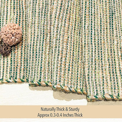 Chardin home Natural Jute Table Runner 13x48 Inch – Vintage Boho Rustic Table Decor – Handwoven Table Runner in Natural Jute and Green – Farmhouse Dining or Console Table Accent