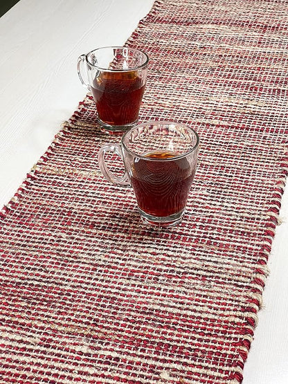 Chardin home Natural Jute Table Runner 13x108 Inch – Vintage Boho Rustic Table Decor – Handwoven Long Table Runner in Natural Jute and Red – Farmhouse Dining or Console Table Accent