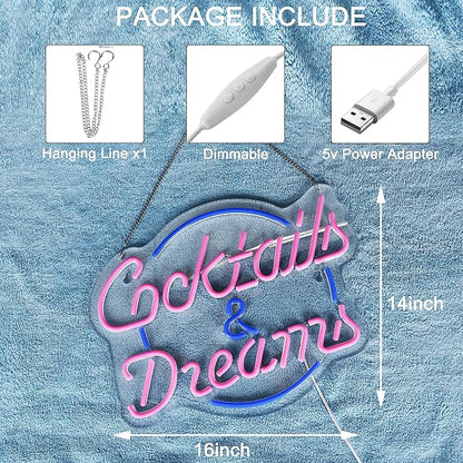Cocktails and Dreams Neon Sign for Wall Decor Neon Signs with Dimmable Switch LED Neon Signs Bedroom Beer Bar Neon Light Sign Hotel Party Club Office Art Lights
