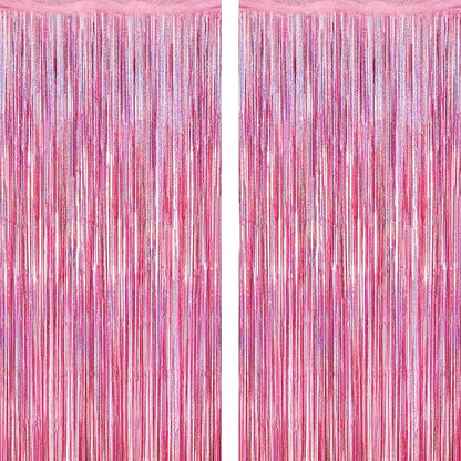 2 Pack Glitter Pink Backdrop, 3.28 FT x 7.05 FT Birthday Party Decorations, Laser Pink Fringe Curtains Foil Streamer Tinsel, Pink Curtains Photo Backdrop Happy Birthday Backdrop