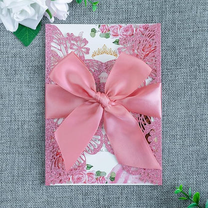 20 PCS 5.12x7.2 Butterfly Quinceanera Invitation, Laser Cut Wedding Invitation Cards with Envelopes for XV Anos Bridal Shower Baby Shower Invite (Pink Glitter)