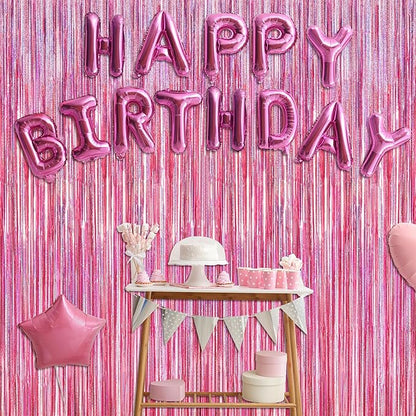 2 Pack Glitter Pink Backdrop, 3.28 FT x 7.05 FT Birthday Party Decorations, Laser Pink Fringe Curtains Foil Streamer Tinsel, Pink Curtains Photo Backdrop Happy Birthday Backdrop