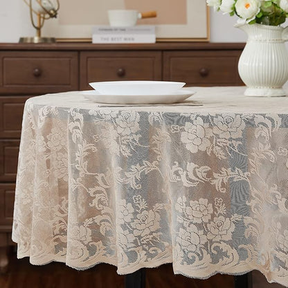 LinenZone Extra Large Linen Round Tablecloth for Rustic Vintage Decor. Sheer Lace Table Cloth Works Great As Wedding Tablecloth or Thanksgiving Table Cover. (Mia 120 Round, Linen)