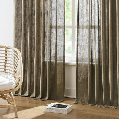 Vision Home Brown Pinch Pleated Semi Sheer Curtains Textured Linen Blended Light Filtering Window Curtains 108 inch for Living Room Bedroom Pinch Pleat Drapes with Hooks 2 Panels 9ft 40" Wx108 L