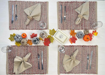 Chardin Home Natural Jute & Red Placemats, Set of 4 – Rustic Handmade Boho Table Mats, 13x19 Inch Dining Table Placemats for Kitchen, Everyday Meals, Holidays, Farmhouse or Modern Table Décor