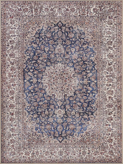 Bloom Rugs Washable Non-Slip 9' x 12' Rug - Dark Blue/Beige Traditional Medallion Area Rug for Living Room, Bedroom, Dining Room, and Kitchen - Exact Size: 9' x 12'