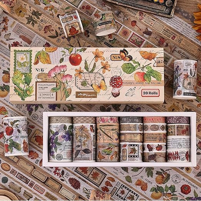 20 Rolls Vintage Washi Tape Set, Floral Letter Butterfly Mushroom Botanical Flower Writable Decorative Tapes for Scrapbooking , Junk Journal Supplies, Bullet Journaling 10-60mm Wide 6.56ft long/Roll