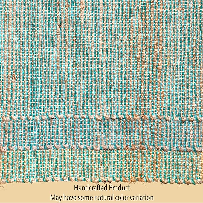 Chardin home Natural Jute Table Runner 13x72 Inch – Vintage Boho Rustic Table Decor – Handwoven Table Runner in Natural Jute and Aqua Turquoise – Farmhouse Dining or Console Table Accent