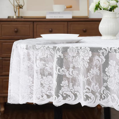 LinenZone White Round Tablecloth for Rustic Vintage Decor. Sheer Lace Works Great As Wedding, Thanksgiving or Christmas Tablecloth (Mia 48 Round, White)