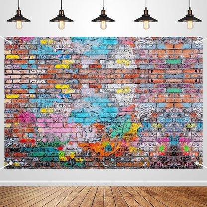 Colorful Graffiti Brick Wall Backdrop Banner - Abstract Street Art Photography Background for Hip Hop Party, 80s 90s Disco, Birthday Wedding Decor, Studio Props & Booth Supplies 98x65 Inch