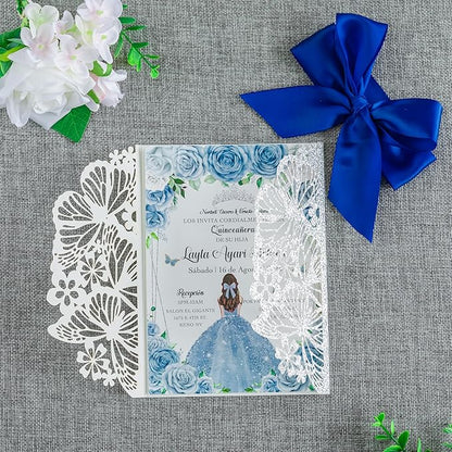 20 PCS 5.12x7.2 Butterfly Quinceanera Invitation, Laser Cut Wedding Invitation Cards with Envelopes for XV Anos Bridal Shower Baby Shower Invite (Silver Glitter)